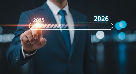 Poster - Progress Towards 2026: Businessman and Countdown - A businessman interacts with a futuristic progress bar visualizing the transition from 2025 to 2026, symbolizing future planning