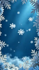 Aufkleber - A blue background with snowflakes and a white frame. The snowflakes are scattered all over the background