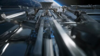 Poster - Complex metallic structure with glowing blue lines moves along a glass surface, possibly on a space station or satellite, with earth visible in the background
