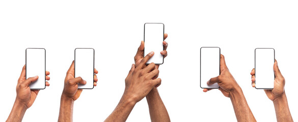 Poster - Set of man's hands using smartphone with blank screen, isolated on white background, panorama