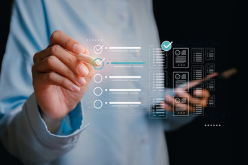 Poster - Businessman Take an assessment. Digital Checklist and Document Management for Streamlined Workflow Concepts in Professional Environment