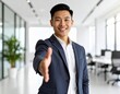 © BETHST - Primer plano de una persona joven en traje de negocios extendiendo la mano para un apretón de manos, con una oficina moderna de fondo