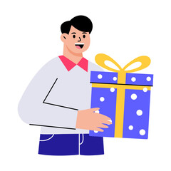 Sticker - a flat style illustration showing a character holding a gift package