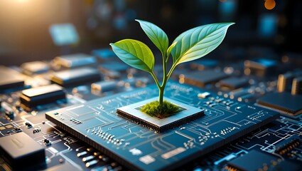 Fototapete - Conceptual image of a plant growing on a computer circuit board symbolizing technology growth