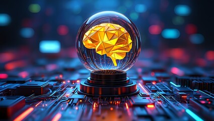 Fototapete - Futuristic representation of artificial intelligence human brain inside glass sphere with circuit board