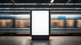 Empty advertisement display in NYC subway station. Fast moving train visible in background. Modern marketing media template. Mock up poster. Vertical design. Realistic 3D render. Ideal for urban
