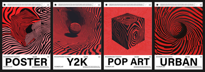 Fototapete - Modern vector posters feature bold, hypnotic line art in black and red, with 3D shapes and movement. The style is Y2K-pop art fusion, reflecting current popular retro-futuristic trends.