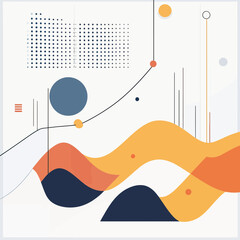 Poster - Abstract minimalist vector background with dynamic orange and navy wave shapes, geometric circles, dots, and thin line elements for modern business presentation design