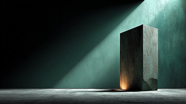 Tall Dark Stone Monolith Illuminated by Spotlight on Teal Textured Background