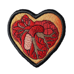 heart-shaped patch featuring an intricate design of a human organ with detailed embroidery technique