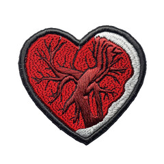 heart-shaped patch featuring a tree design in vibrant red and black for creative sewing projects