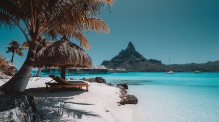 Poster - Relaxing on a tropical island with a charming hut by the turquoise water during a peaceful day