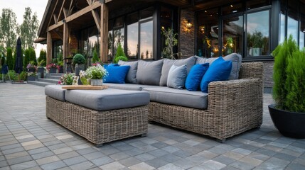Poster - Comfortable rattan chairs and sofa with blue pillows enhance outdoor relaxation area in a beautiful garden setting