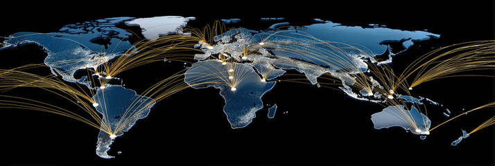 Poster - A map of the world with many lines and dots on it. The map is black and white