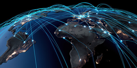 Fototapete - A globe with many lines and dots on it. The globe is lit up with a blue and white color scheme