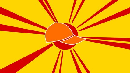 Poster - Baseball cap symbol on the background of animation from moving rays of the sun. Large orange symbol increases slightly. Seamless looped 4k animation on yellow background