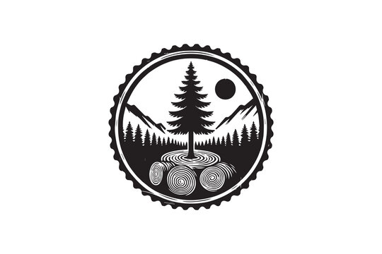 A logwood tree stamp silhouette with a simple, understated design set against a white background