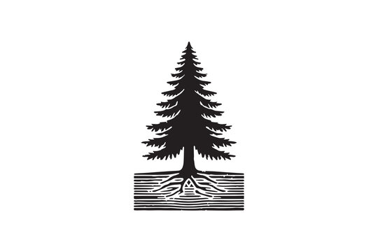 A logwood tree stamp silhouette with a simple, understated design set against a white background