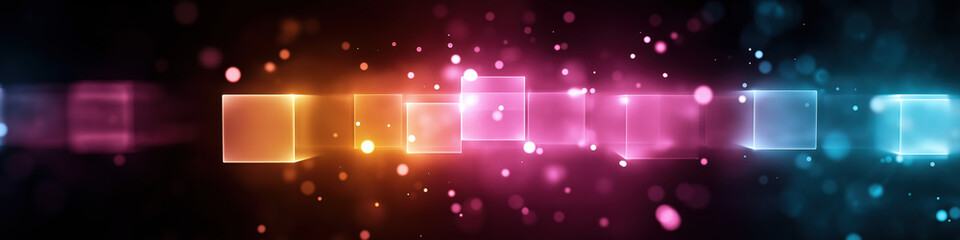 Poster - a colorful image of a rainbow with a black background. the rainbow is made up of many small squares 