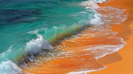 Poster - Soft sea waves gently wash over golden sand at a tranquil beach during sunset hours in a serene coastal environment