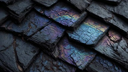 Poster - Weathered wooden roof reflecting light, generating iridescent rainbow like sheen with vibrant colorful patterns spreading across dark textured shingles