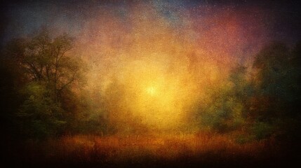 Poster - Vintage distressed depiction of a serene forest landscape at twilight with glowing light and soft hues