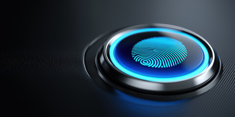 Poster - A blue button with a fingerprint on it. The button is shiny and metallic. The fingerprint is blue and looks like a wave