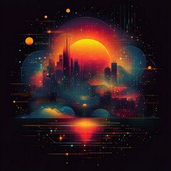 Wall Mural - a stunning digital artwork depicting a vibrant sunset over a futuristic city skyline, rich in colors
