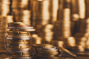 Poster - Golden coin stacks, rich money background. Financial success, cryptocurrency mining, banking and profit concept, selective focus