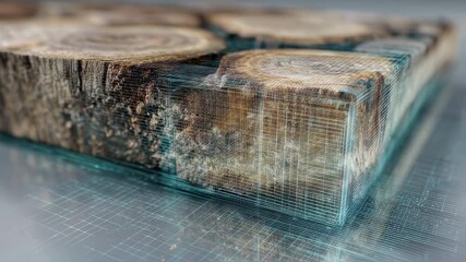 Poster - Wooden cube slowly rotating, revealing its internal structure made of tree trunks and covered by a digital grid, ideal for projects related to nature, technology, and construction