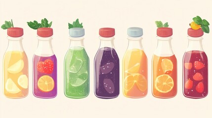 Poster - Eight small glass bottles filled with various fruit juices and garnished with mint leaves.