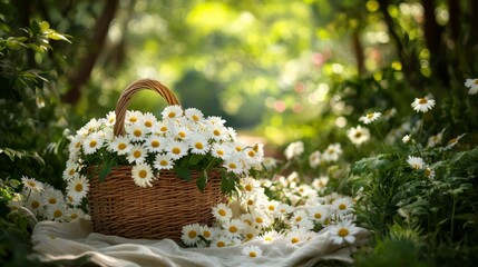 Poster - A wicker basket overflowing with daisies sits on a linen cloth in a sun-dappled forest.