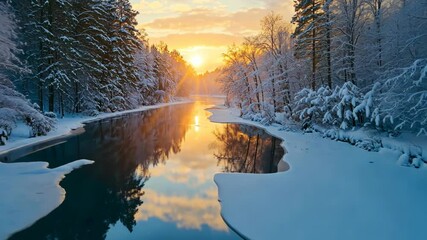 Wall Mural - river flowing through snowy forest