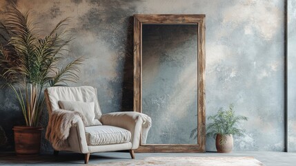 Poster - Cozy living room interior with armchair, mirror, plants, and textured wall.