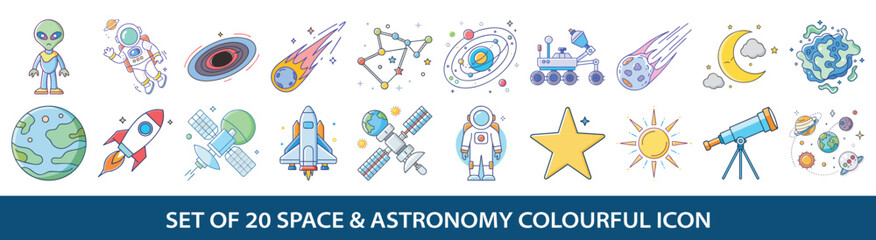 set of twenty colorful space and astronomy icons featuring alien astronaut rocket spaceship and more