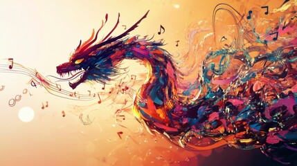 Poster - Abstract colorful dragon composed of musical notes.