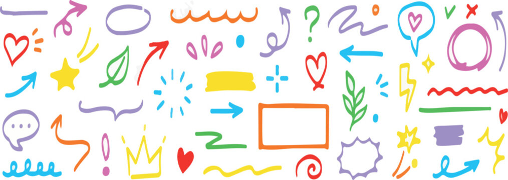 Line sketch star, text, arrow, heart decoration element icon set. Hand drawn sketch doodle cute star, emphasis, flower element. Pen line, brush, love text decoration shape icon. Hand drawn vector
