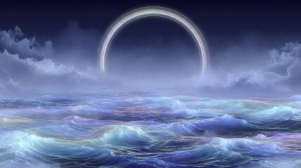 Poster - A dark night sky features an abstract cloud illuminated by a neon light ring in a 3D render, alongside a glowing geometric shape within a round frame