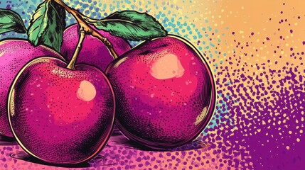 Poster - Three vibrant plums on a branch, detailed illustration against a colorful background.