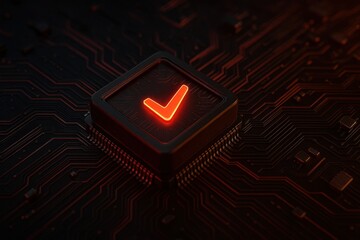 Poster - red checkmark on black chip against circuit board background.