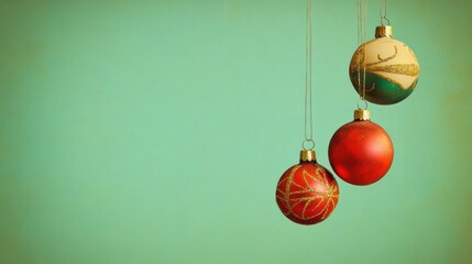 Poster - Three vintage Christmas ornaments hanging against a teal background.