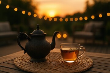 Poster - teapot and cup of teon table under string lights during sunset.