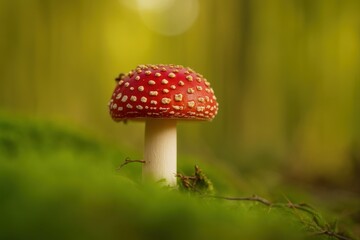 Poster - red mushroom with white spots on top of green moss in forest.