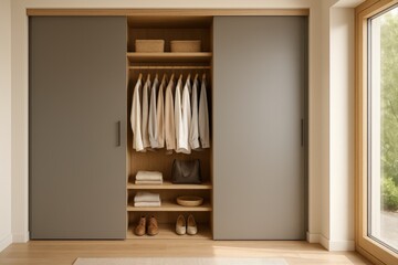 Aufkleber - gray wardrobe with open doors revealing shelves holding neatly folded clothes and shoes.