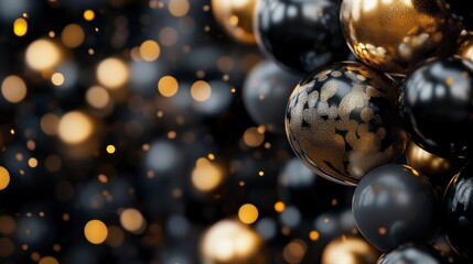 Aufkleber - Abstract background with black and gold spheres and bokeh lights.