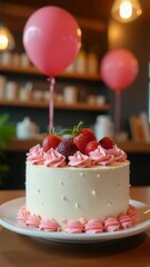 Poster - A sweet treat featuring a white cake with pink frosting and fresh strawberries on top