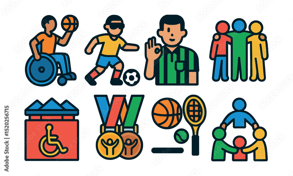 Flat vector icons of inclusive sports: adaptive wheelchair basketball ...