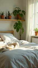 Poster - A bed with a blanket beside a window, perfect for a cozy room setting