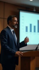 Poster - A man stands at a podium addressing an audience with a projector screen behind him