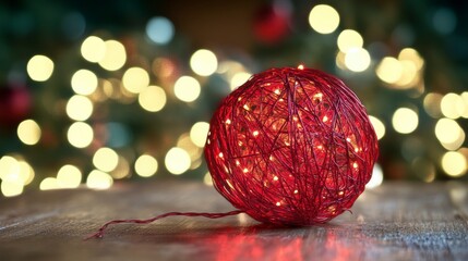 Poster - Red yarn ball with LED lights on wooden table, bokeh background.